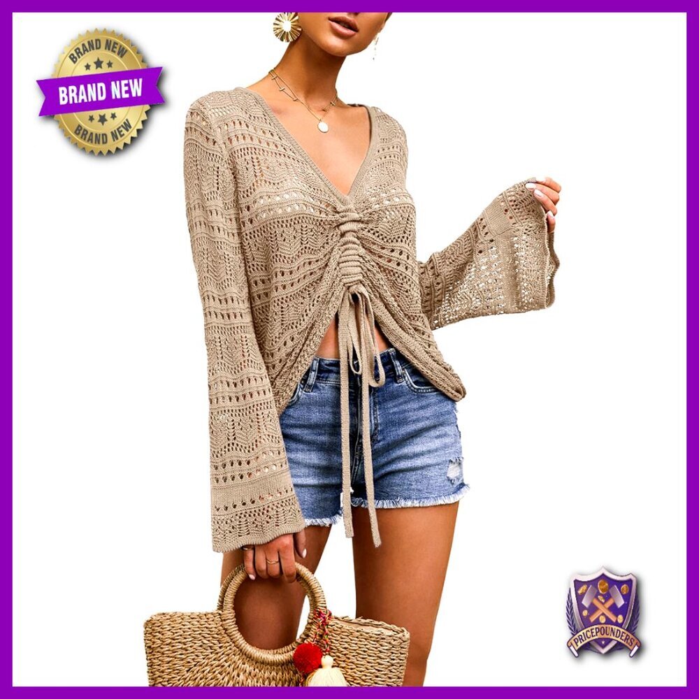 Sheer Crochet Bell Sleeve Crop Top Off Shoulder Boho Sweater